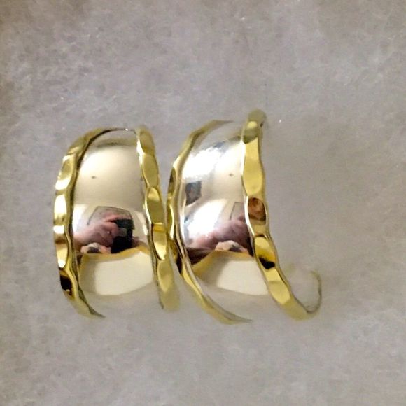 TAXCO Sterling Silver Lanton Open Hoop Earrings Rimmed in Crimped Brass - Picture 2 of 5